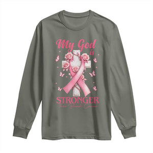 My God Is Stronger Than Breast Cancer Long Sleeve Shirt Christian Warrior Support