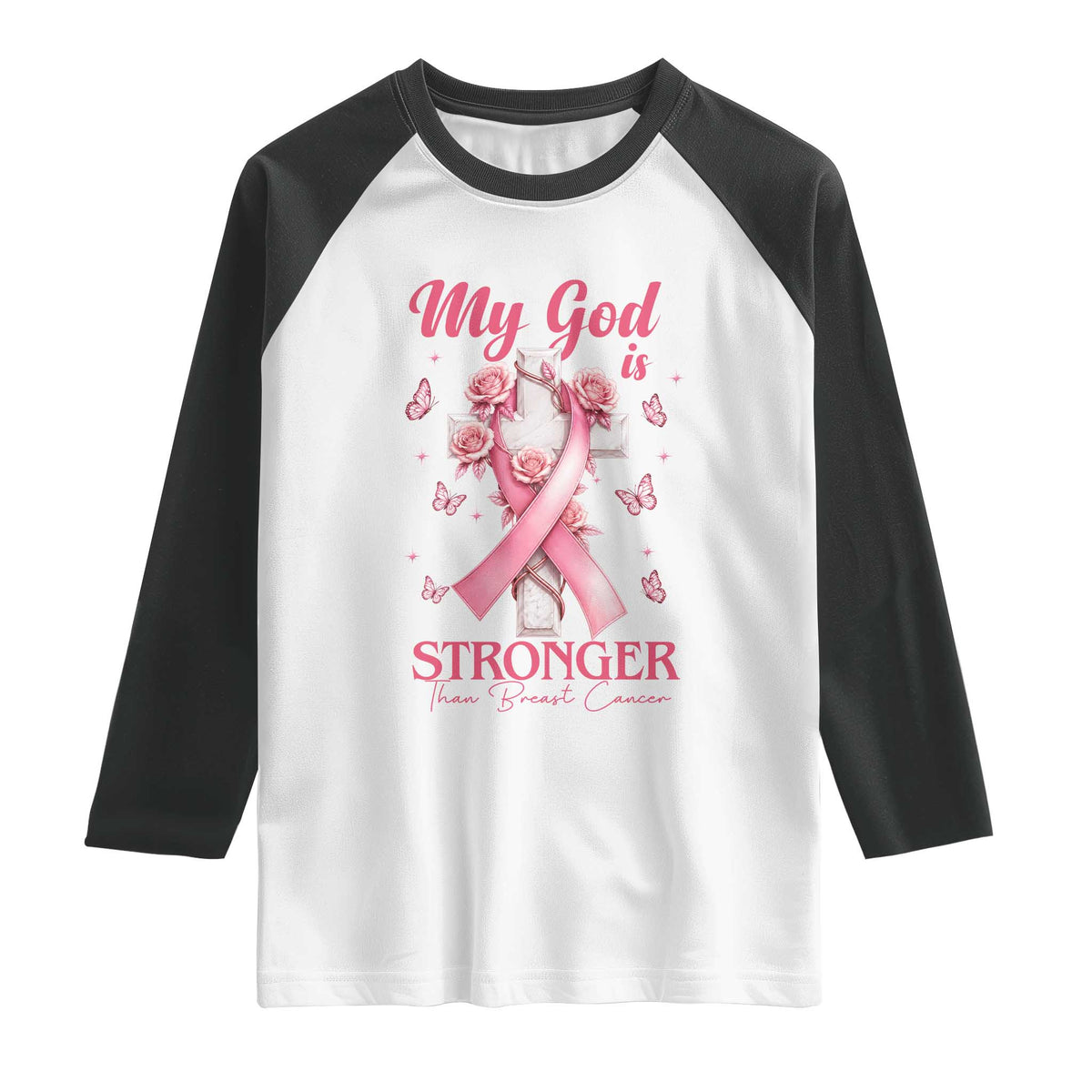 My God Is Stronger Than Breast Cancer Raglan Shirt Christian Warrior Support