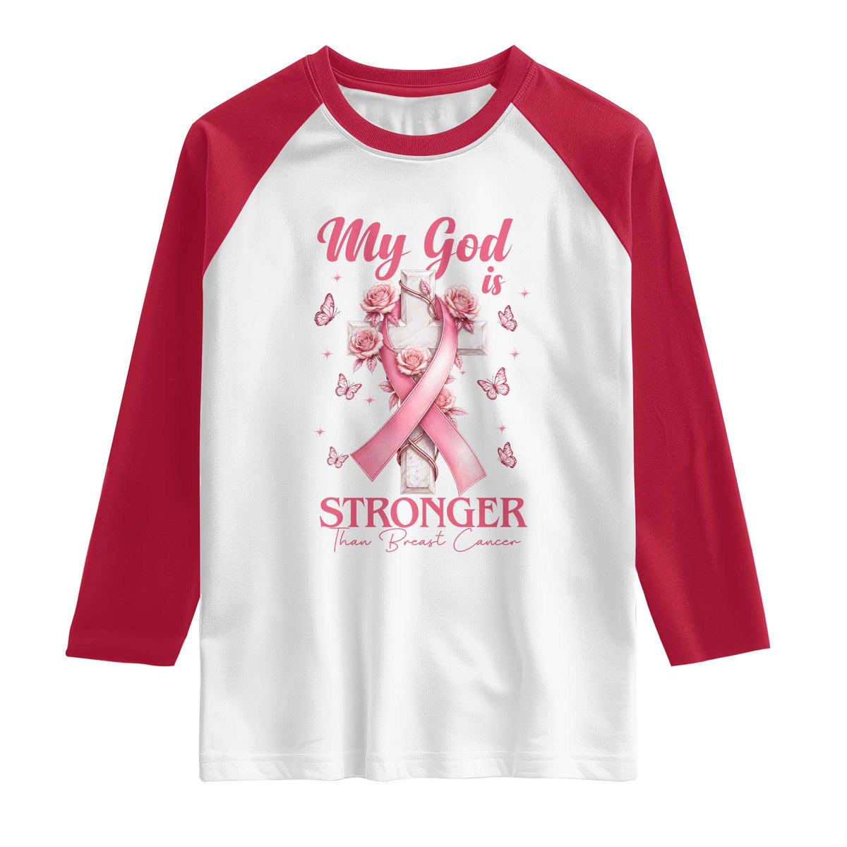 My God Is Stronger Than Breast Cancer Raglan Shirt Christian Warrior Support