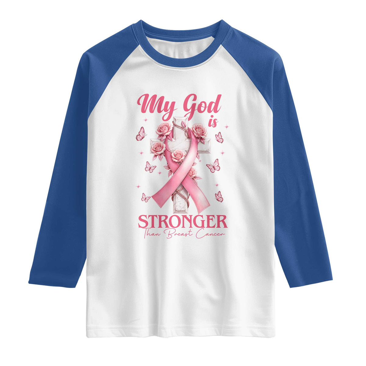 My God Is Stronger Than Breast Cancer Raglan Shirt Christian Warrior Support