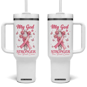 My God Is Stronger Than Breast Cancer Tumbler With Handle Christian Warrior Support