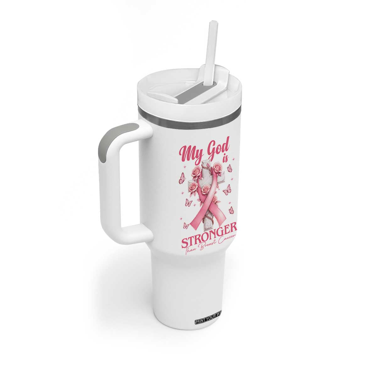 My God Is Stronger Than Breast Cancer Tumbler With Handle Christian Warrior Support