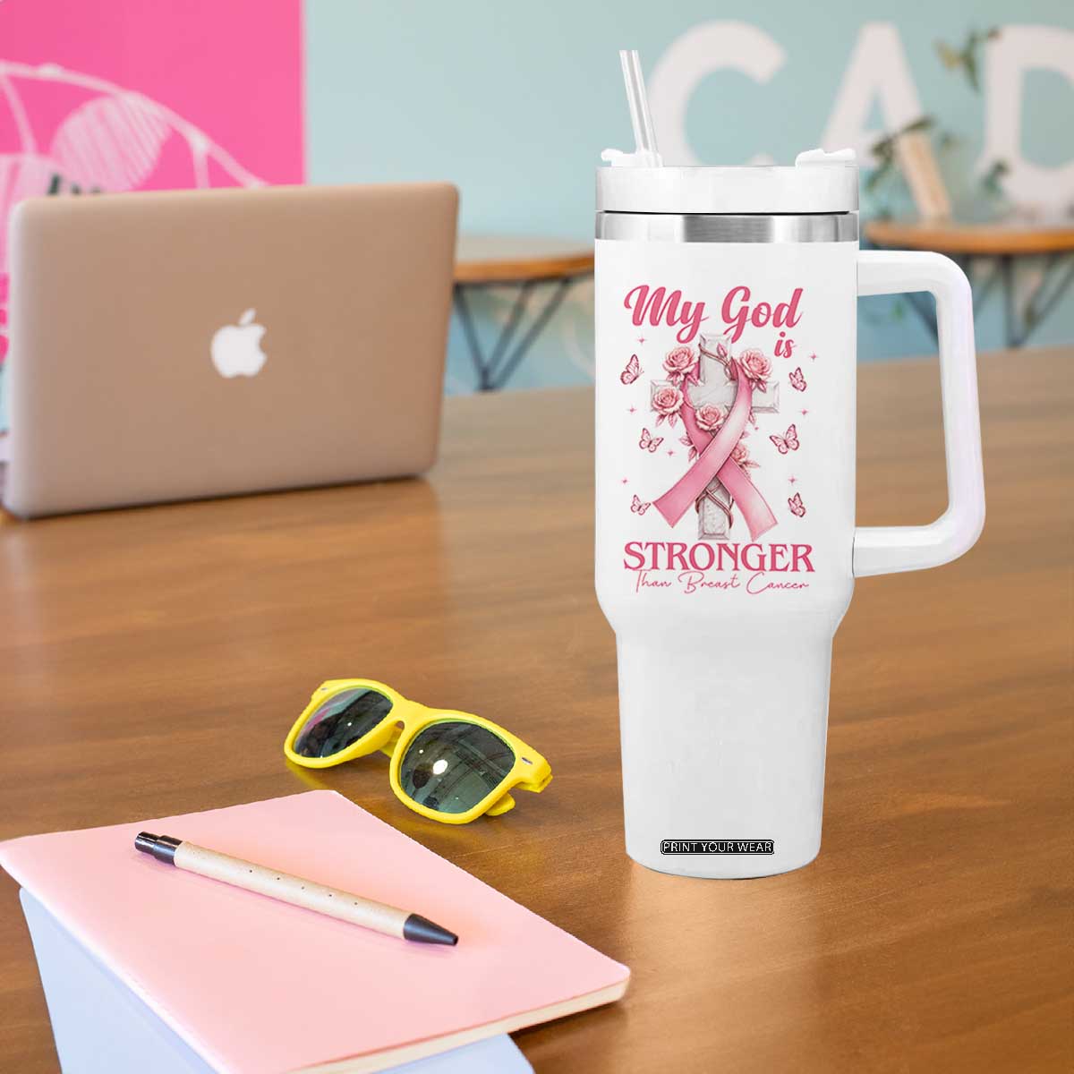 My God Is Stronger Than Breast Cancer Tumbler With Handle Christian Warrior Support