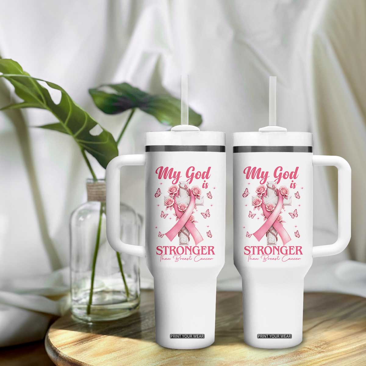 My God Is Stronger Than Breast Cancer Tumbler With Handle Christian Warrior Support