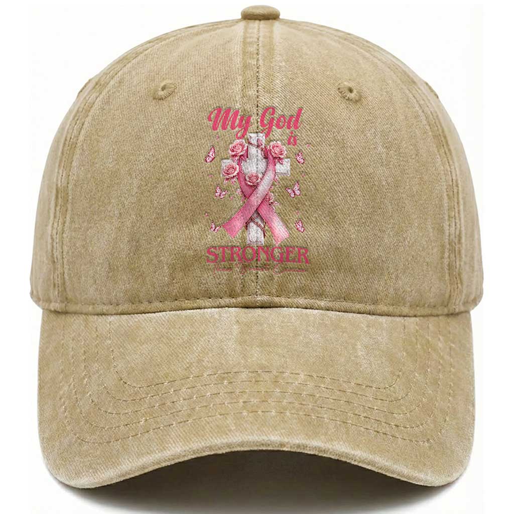 My God Is Stronger Than Breast Cancer Washed Cotton Baseball Cap Christian Warrior Support