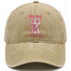 My God Is Stronger Than Breast Cancer Washed Cotton Baseball Cap Christian Warrior Support