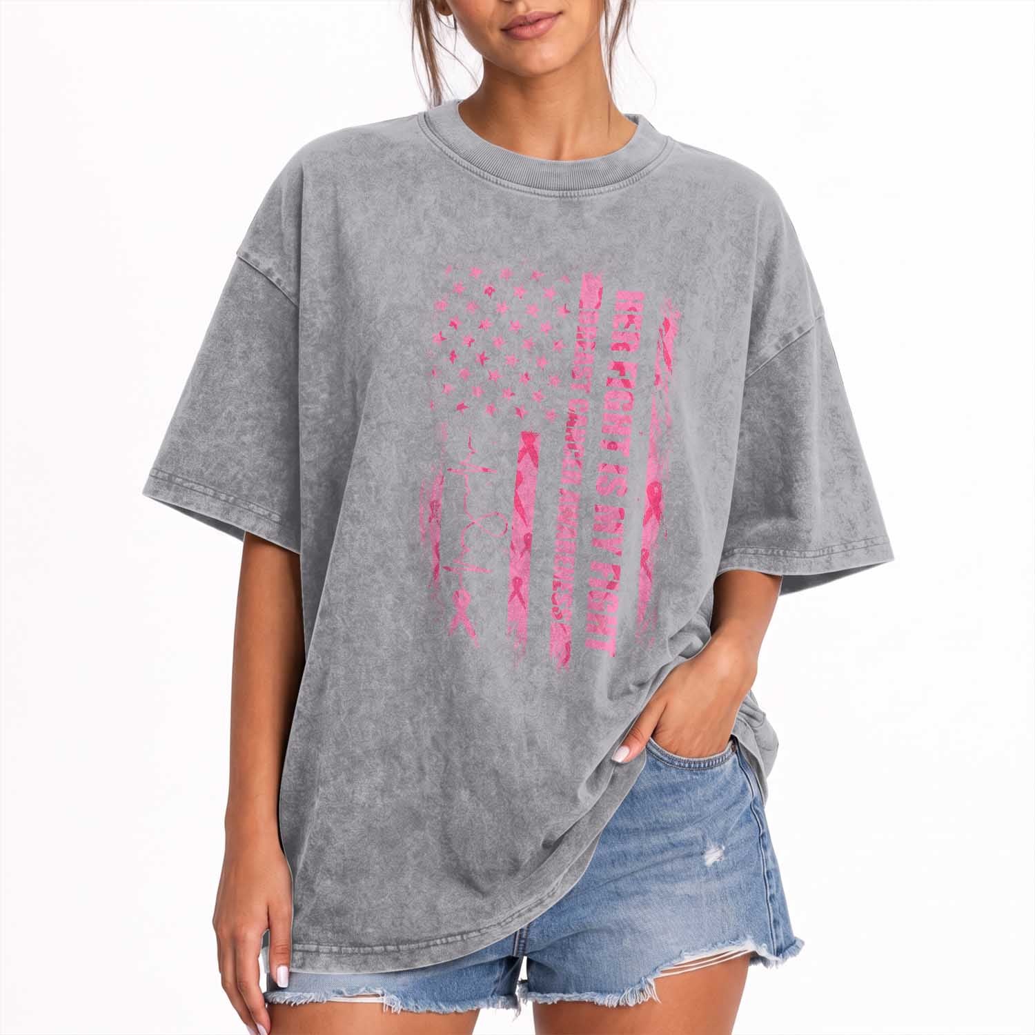 Patriotic Breast Cancer Support Warrior Gift Washed Cotton T-Shirt Her Fight My Fight