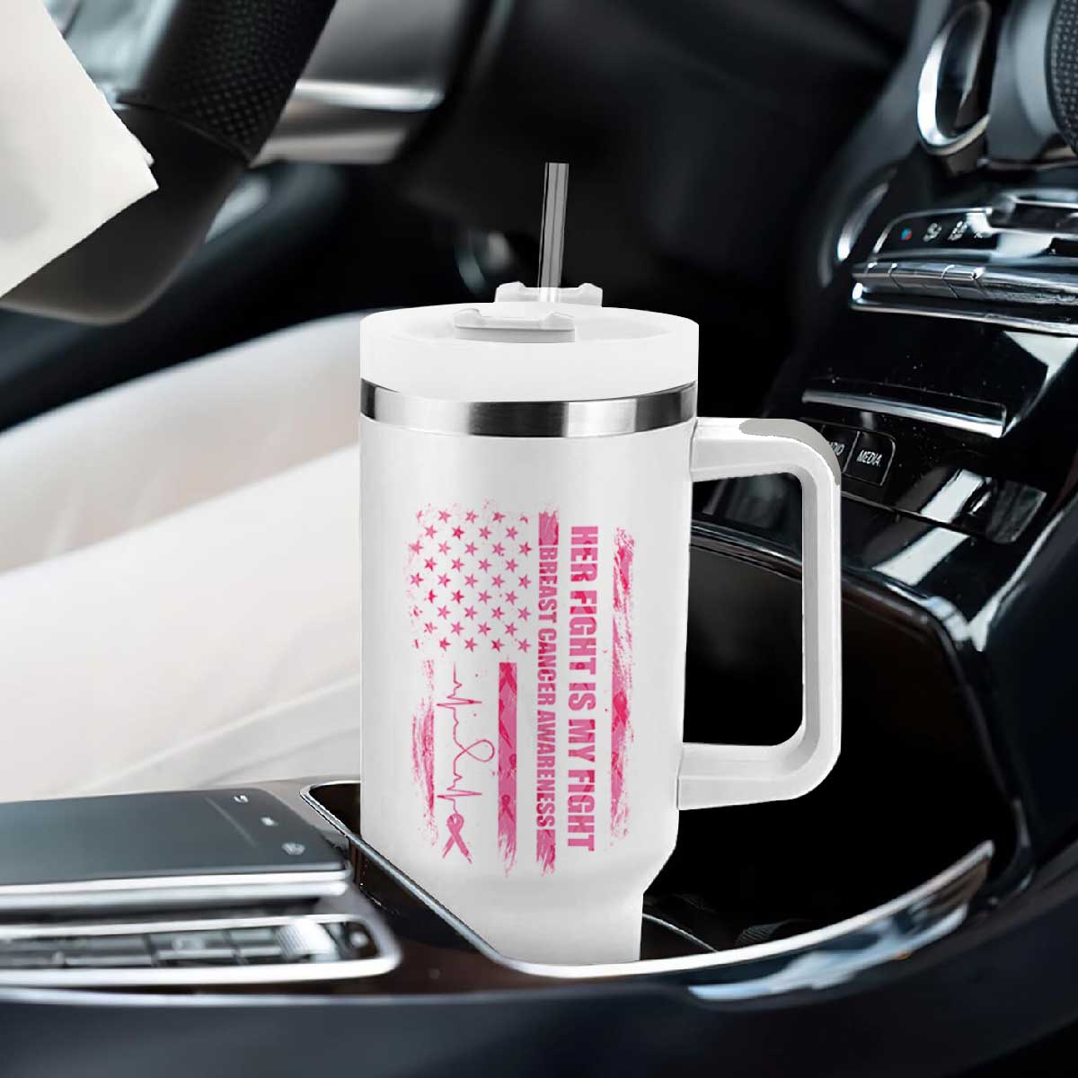 Patriotic Breast Cancer Support Warrior Gift Tumbler With Handle Her Fight My Fight