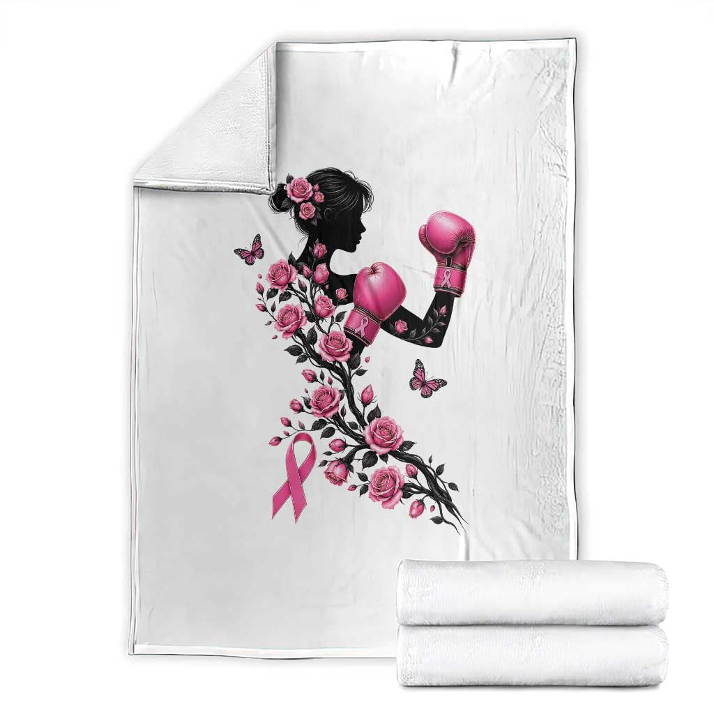 Breast Cancer Warrior Throw Blanket Pink Boxing Gloves Floral Ribbon Courage