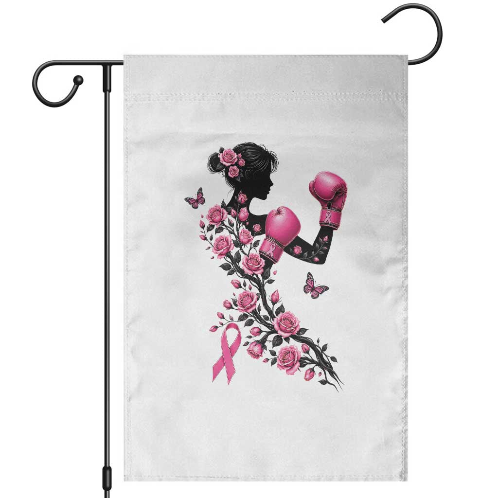 Breast Cancer Warrior Garden Flag Pink Boxing Gloves Floral Ribbon Courage