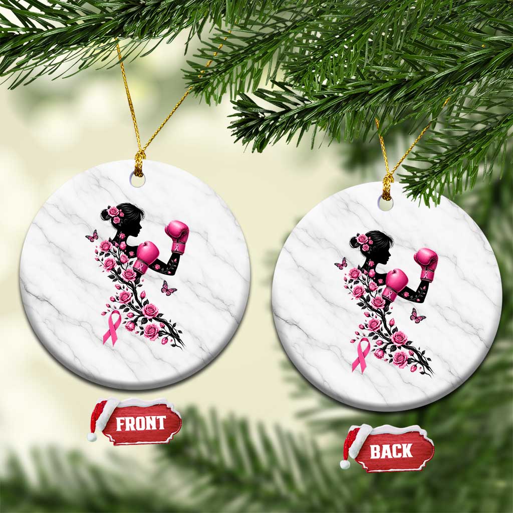 Breast Cancer Warrior Ceramic Ornament Pink Boxing Gloves Floral Ribbon Courage