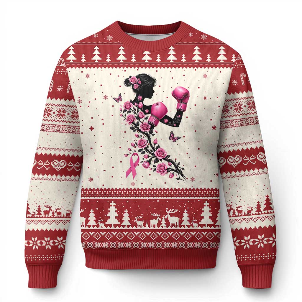 Breast Cancer Warrior Ugly Christmas Sweater Pink Boxing Gloves Floral Ribbon Courage