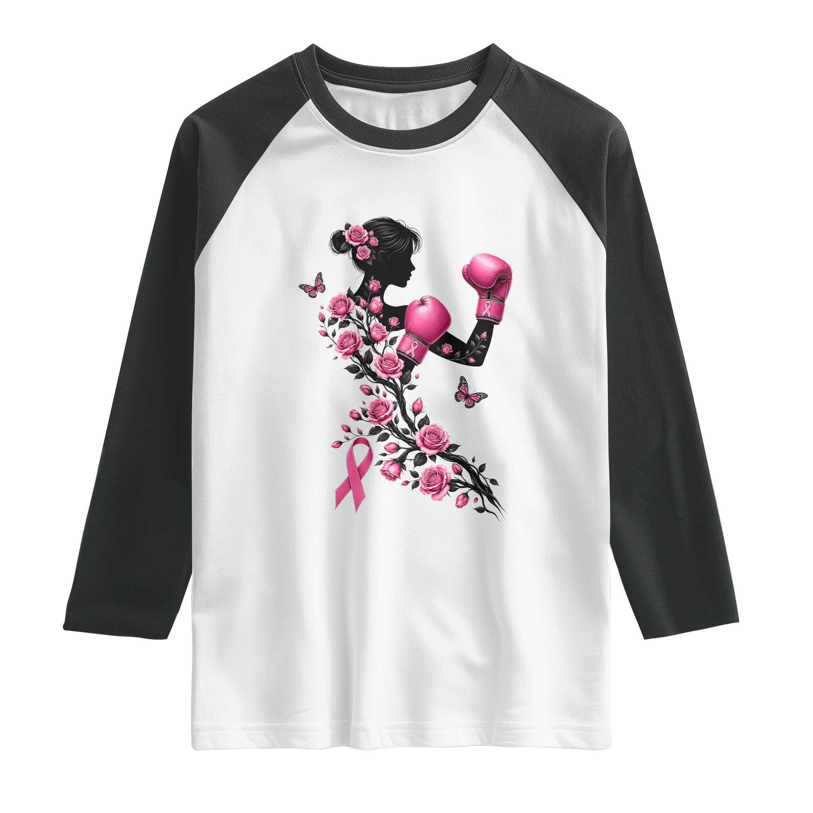 Breast Cancer Warrior Raglan Shirt Pink Boxing Gloves Floral Ribbon Courage
