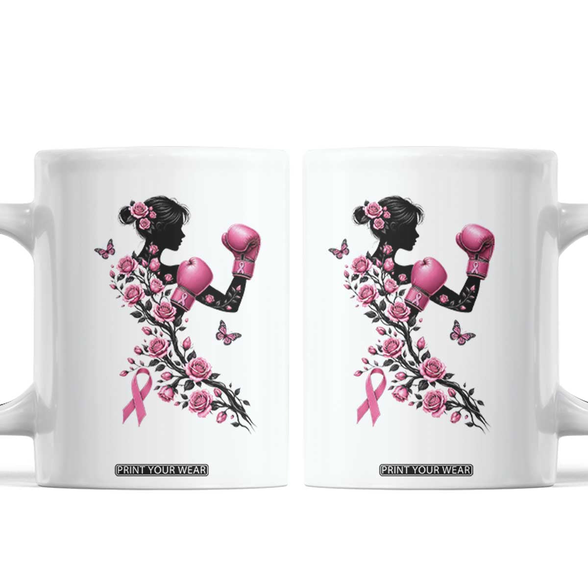 Breast Cancer Warrior Coffee Mug Pink Boxing Gloves Floral Ribbon Courage