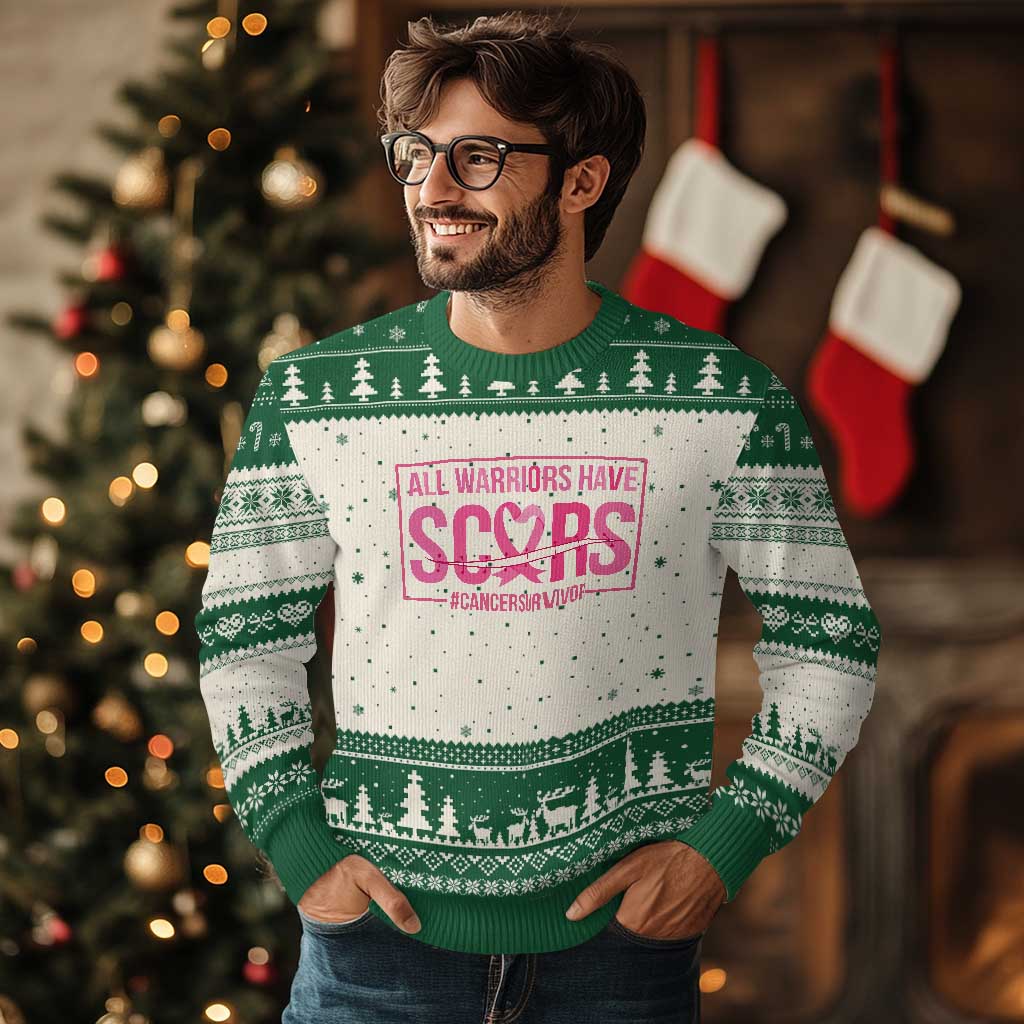 Breast Cancer Fighter Support Ugly Christmas Sweater All Warriors Have Scars