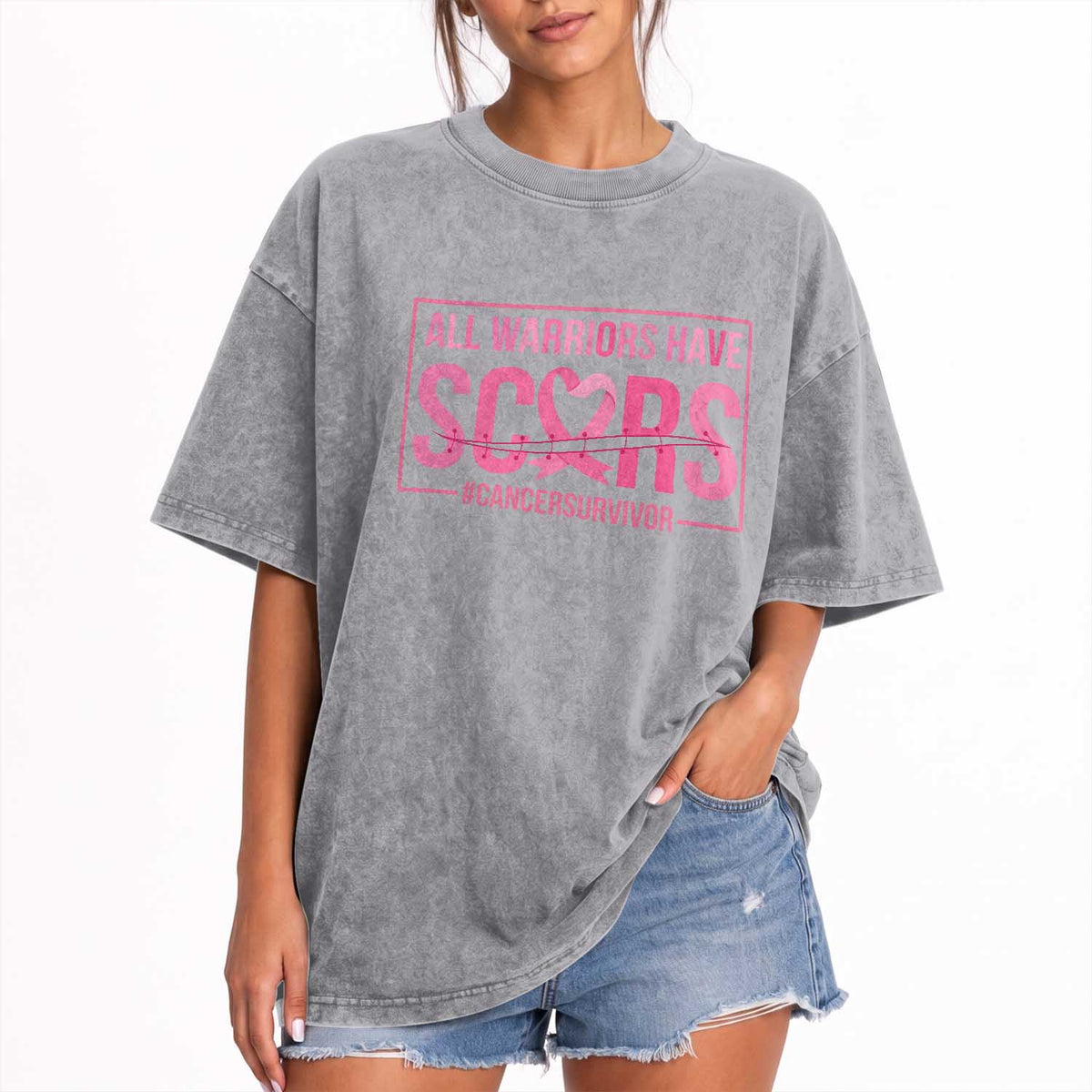 Breast Cancer Fighter Support Washed Cotton T-Shirt All Warriors Have Scars
