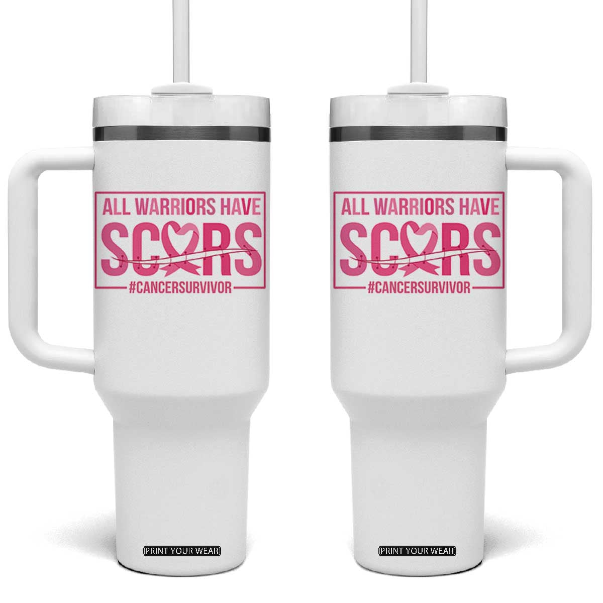 Breast Cancer Fighter Support Tumbler With Handle All Warriors Have Scars