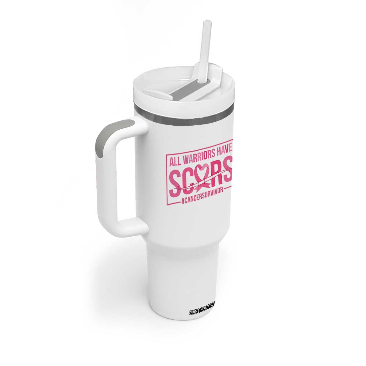 Breast Cancer Fighter Support Tumbler With Handle All Warriors Have Scars