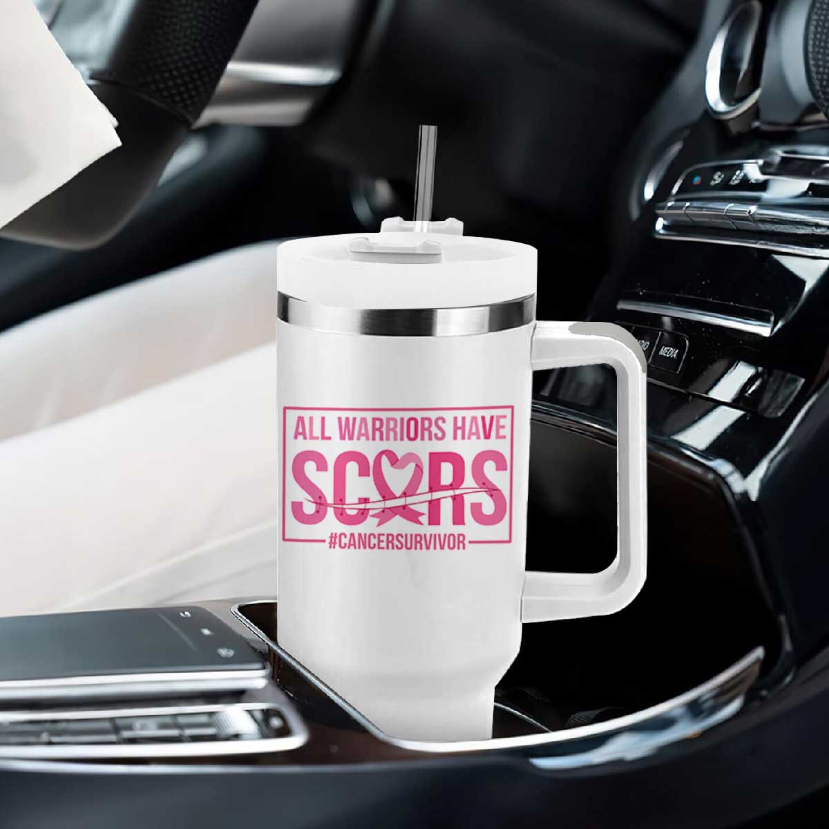 Breast Cancer Fighter Support Tumbler With Handle All Warriors Have Scars