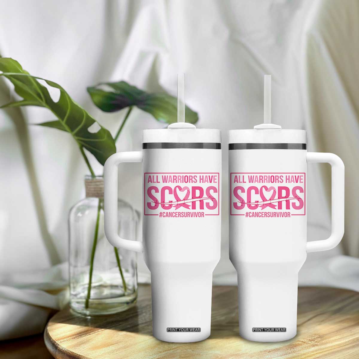 Breast Cancer Fighter Support Tumbler With Handle All Warriors Have Scars