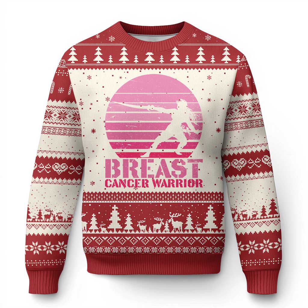 Vintage Breast Cancer Warrior Ugly Christmas Sweater Strong Women Sword Fighter Pink Ribbon