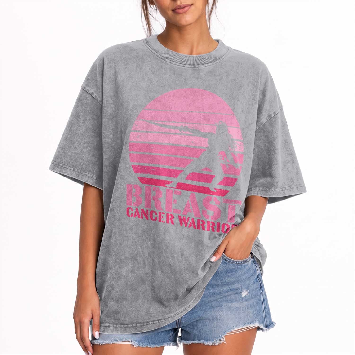 Vintage Breast Cancer Warrior Washed Cotton T-Shirt Strong Women Sword Fighter Pink Ribbon