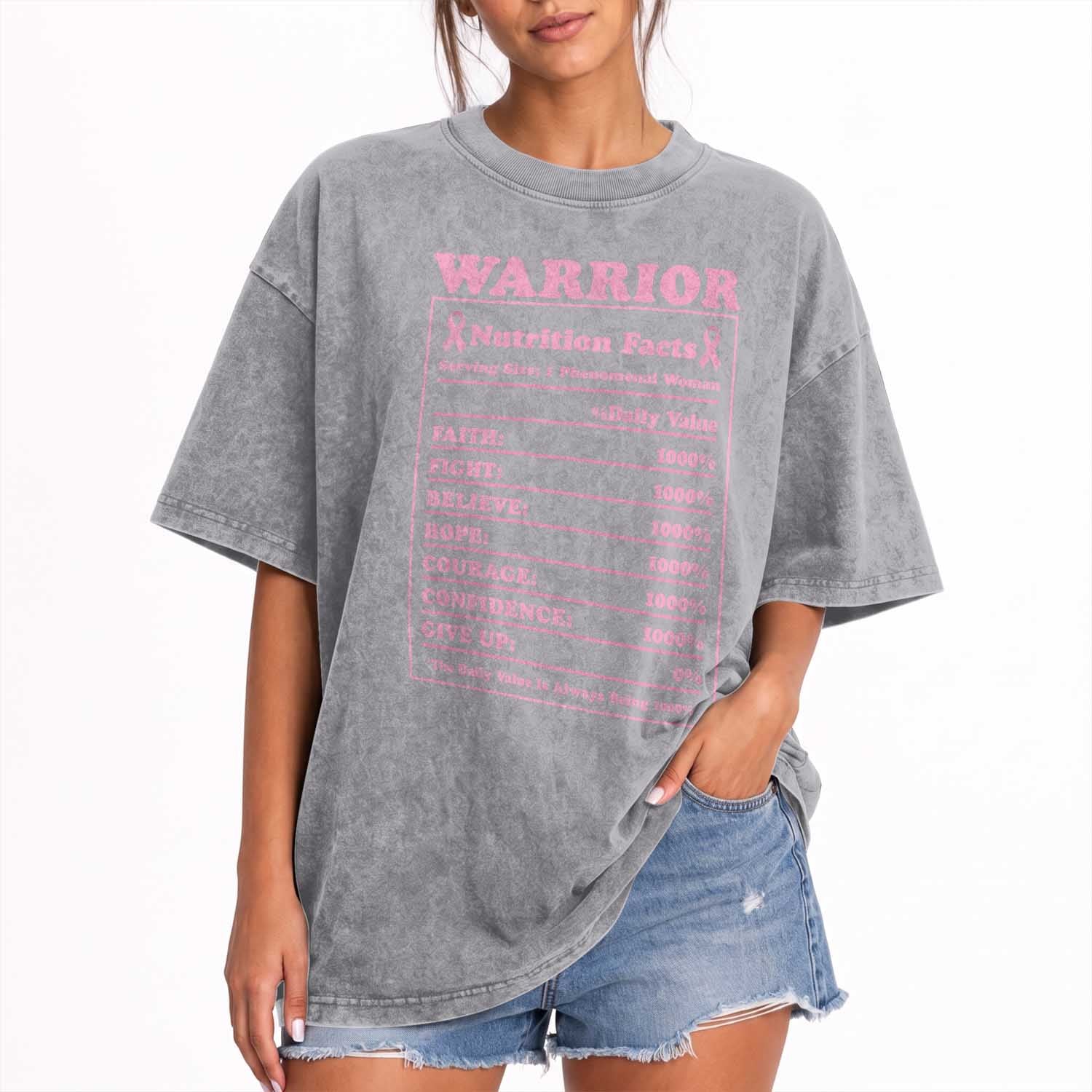 Breast Cancer Nutrition Facts Warrior Washed Cotton T-Shirt Pink Ribbon Survivor Support
