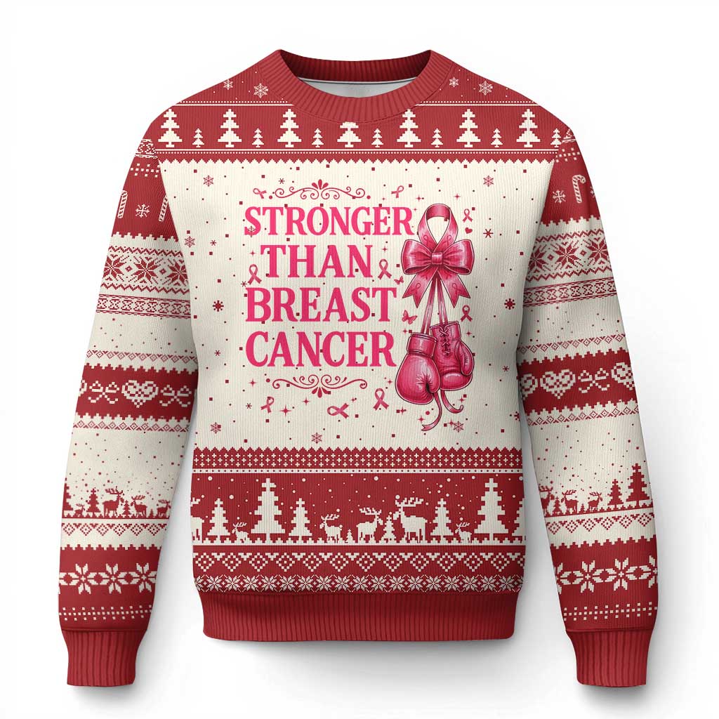 Pink Ribbon Fighter Support Ugly Christmas Sweater Stronger Than Breast Cancer Boxing Gloves