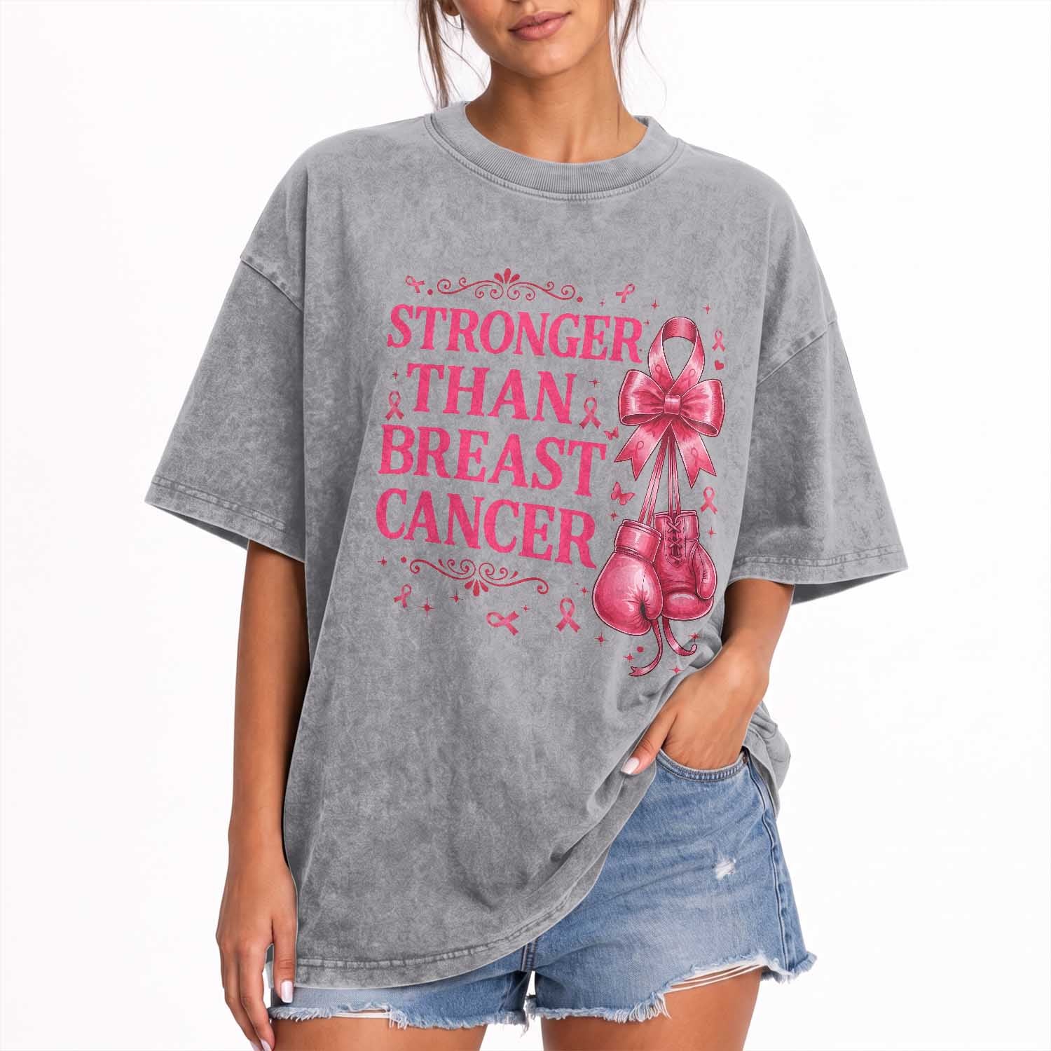 Pink Ribbon Fighter Support Washed Cotton T-Shirt Stronger Than Breast Cancer Boxing Gloves