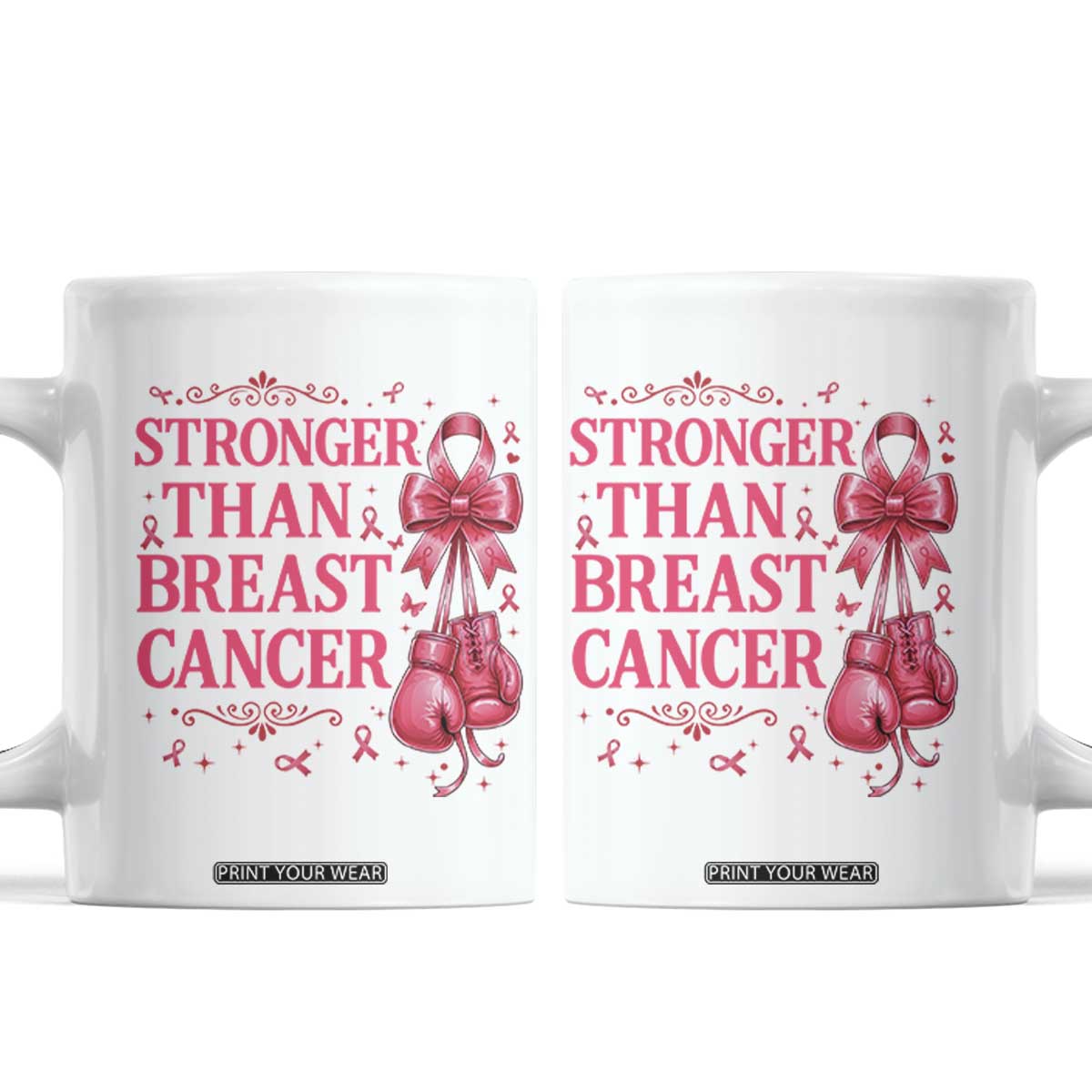 Pink Ribbon Fighter Support Coffee Mug Stronger Than Breast Cancer Boxing Gloves