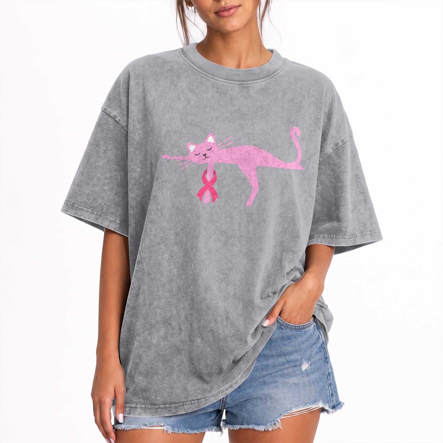 Breast Cancer Awareness Cat Washed Cotton T-Shirt Pink Ribbon Pet Lover Support