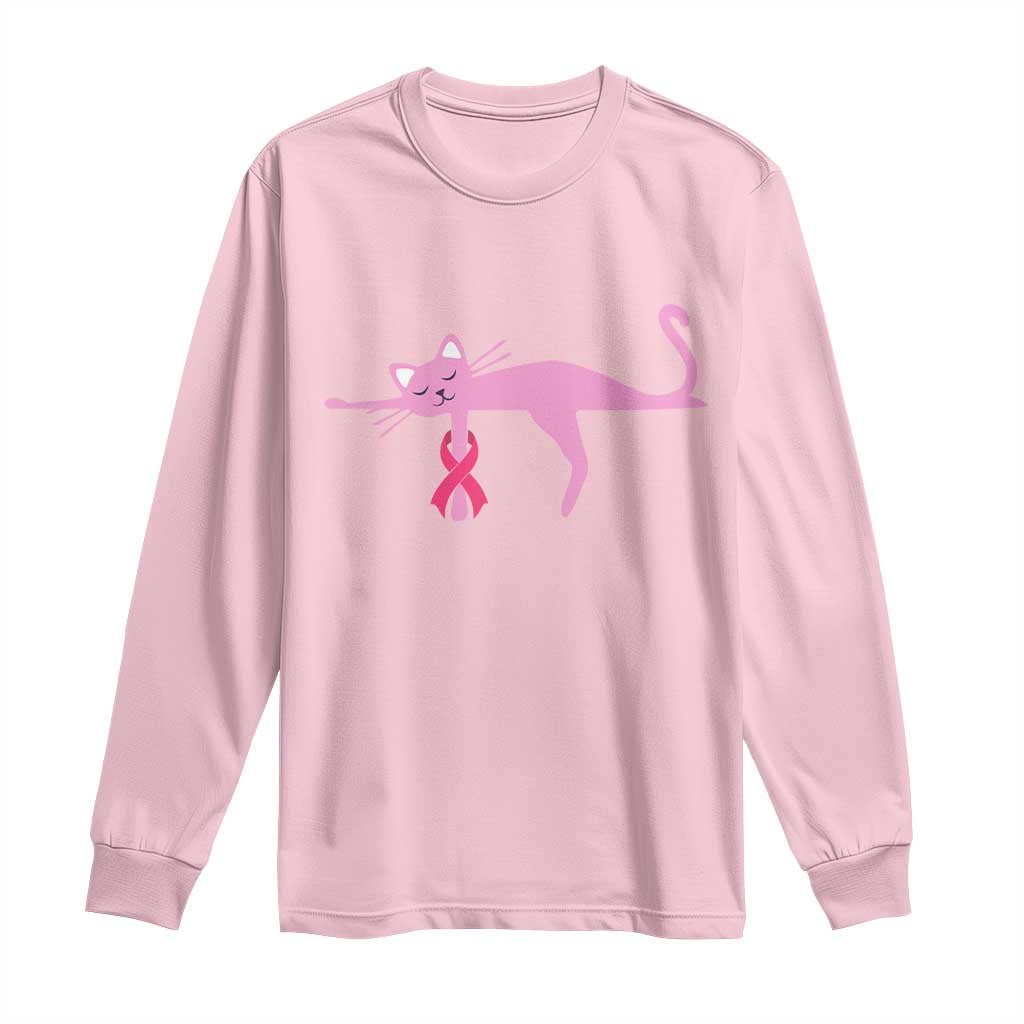 Breast Cancer Awareness Cat Long Sleeve Shirt Pink Ribbon Pet Lover Support