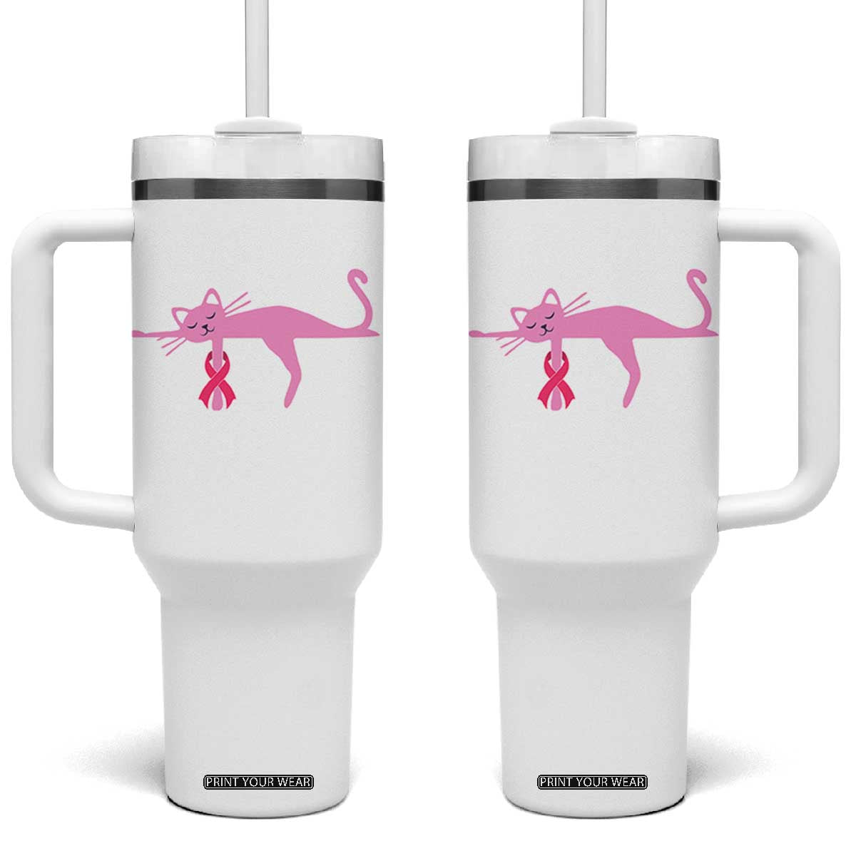Breast Cancer Awareness Cat Tumbler With Handle Pink Ribbon Pet Lover Support