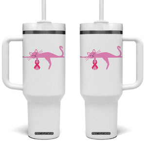 Breast Cancer Awareness Cat Tumbler With Handle Pink Ribbon Pet Lover Support