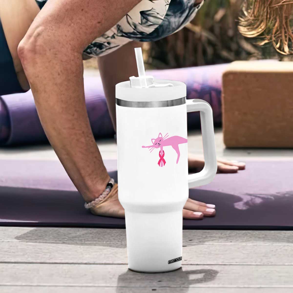 Breast Cancer Awareness Cat Tumbler With Handle Pink Ribbon Pet Lover Support
