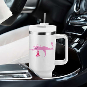 Breast Cancer Awareness Cat Tumbler With Handle Pink Ribbon Pet Lover Support