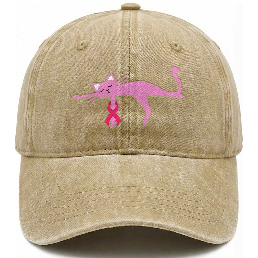 Breast Cancer Awareness Cat Washed Cotton Baseball Cap Pink Ribbon Pet Lover Support