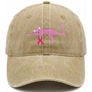 Breast Cancer Awareness Cat Washed Cotton Baseball Cap Pink Ribbon Pet Lover Support