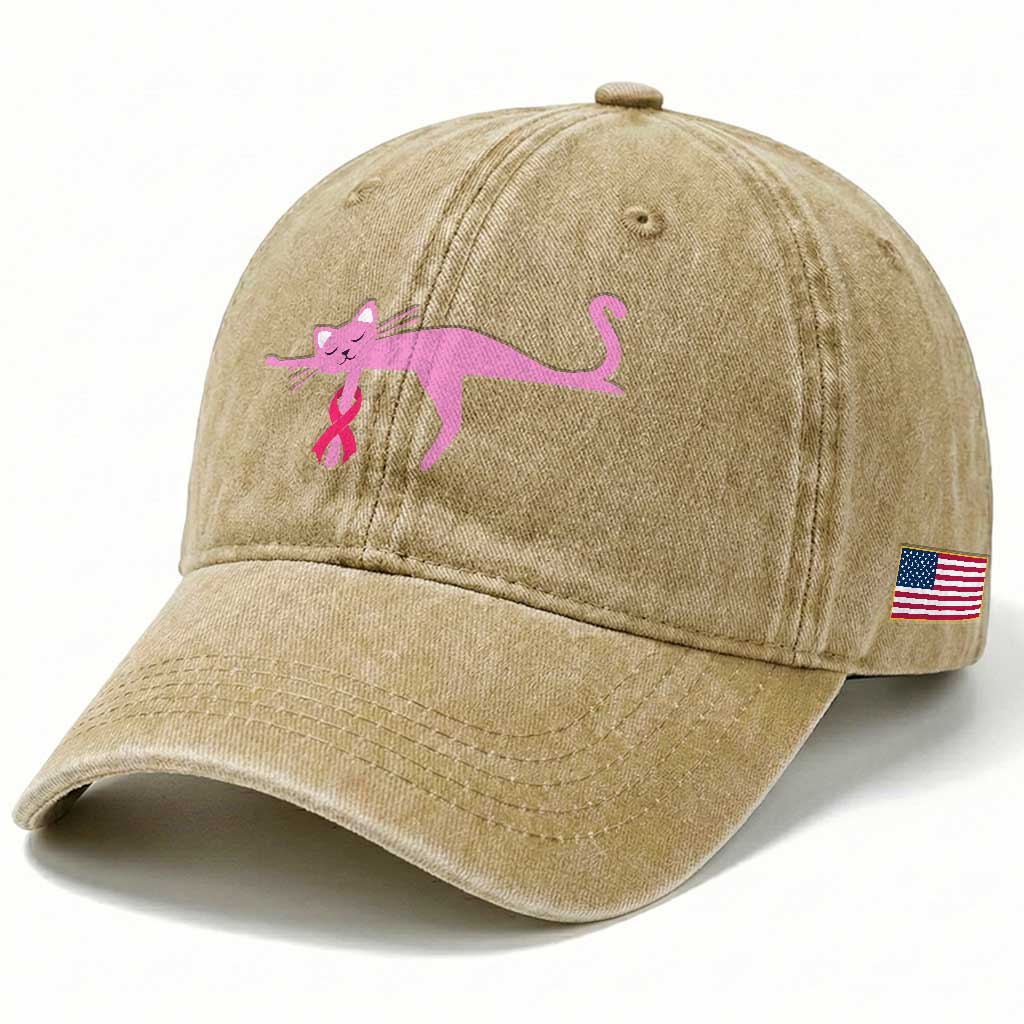 Breast Cancer Awareness Cat Washed Cotton Baseball Cap Pink Ribbon Pet Lover Support