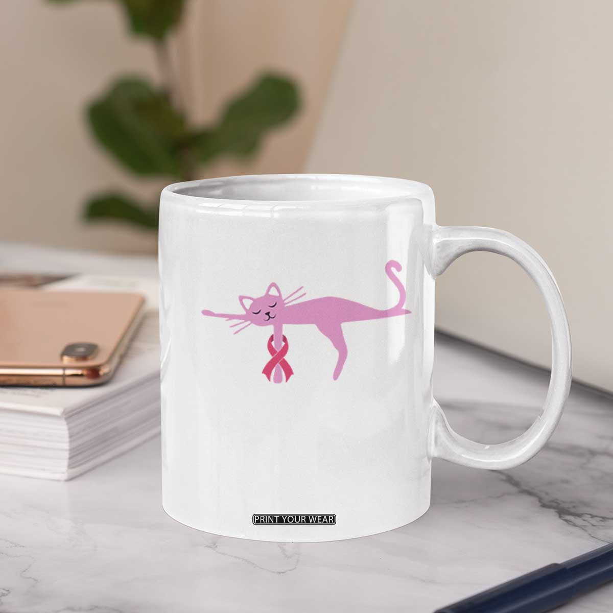 Breast Cancer Awareness Cat Coffee Mug Pink Ribbon Pet Lover Support