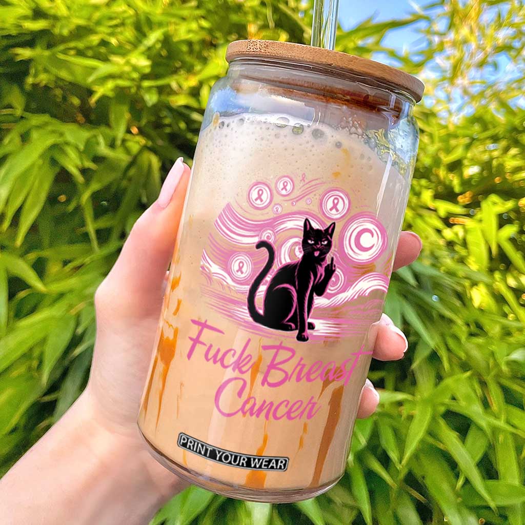 Funny Black Cat Fuck Breast Cancer Pink Ribbon Starry Night Glass Can