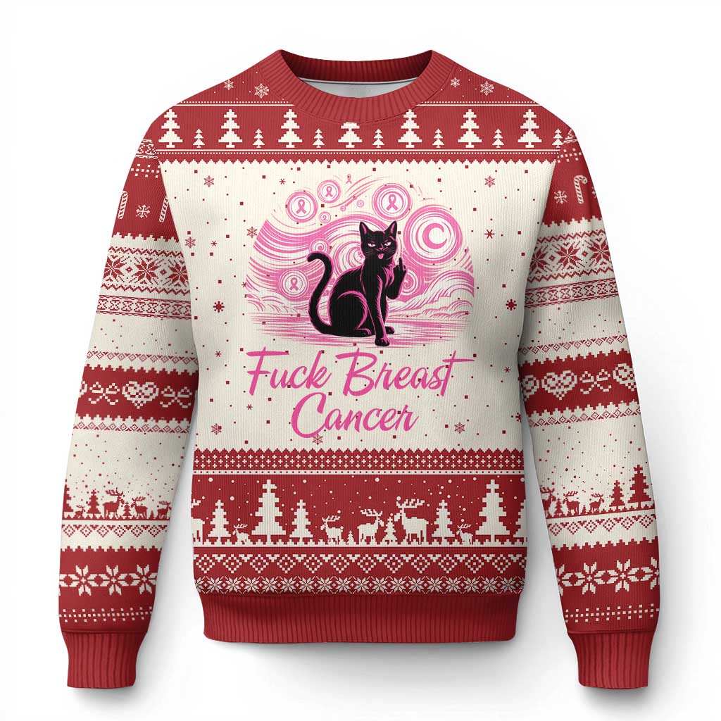 Funny Black Cat Fuck Breast Cancer Pink Ribbon Starry Night Ugly Christmas Sweater