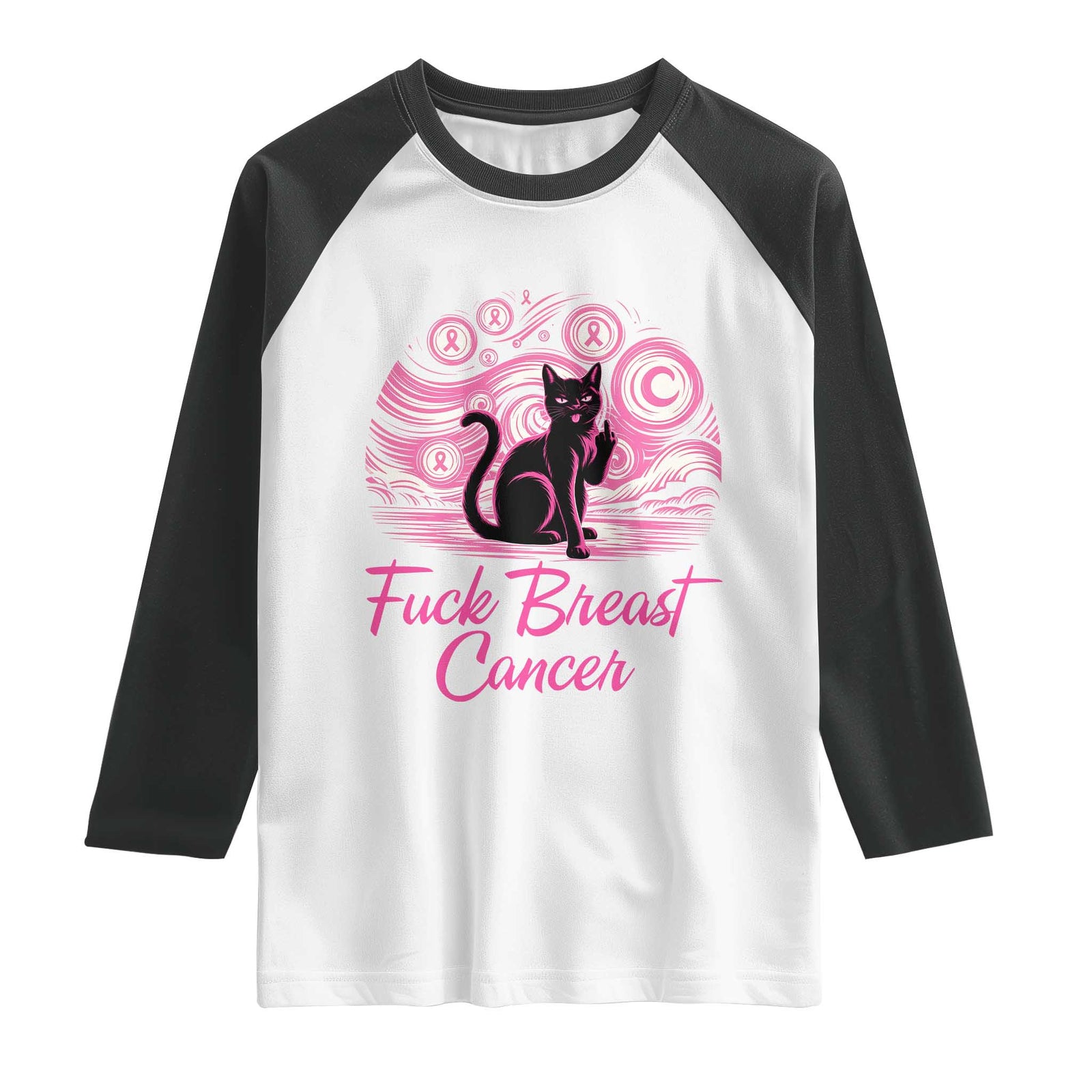 Funny Black Cat Fuck Breast Cancer Pink Ribbon Starry Night Raglan Shirt