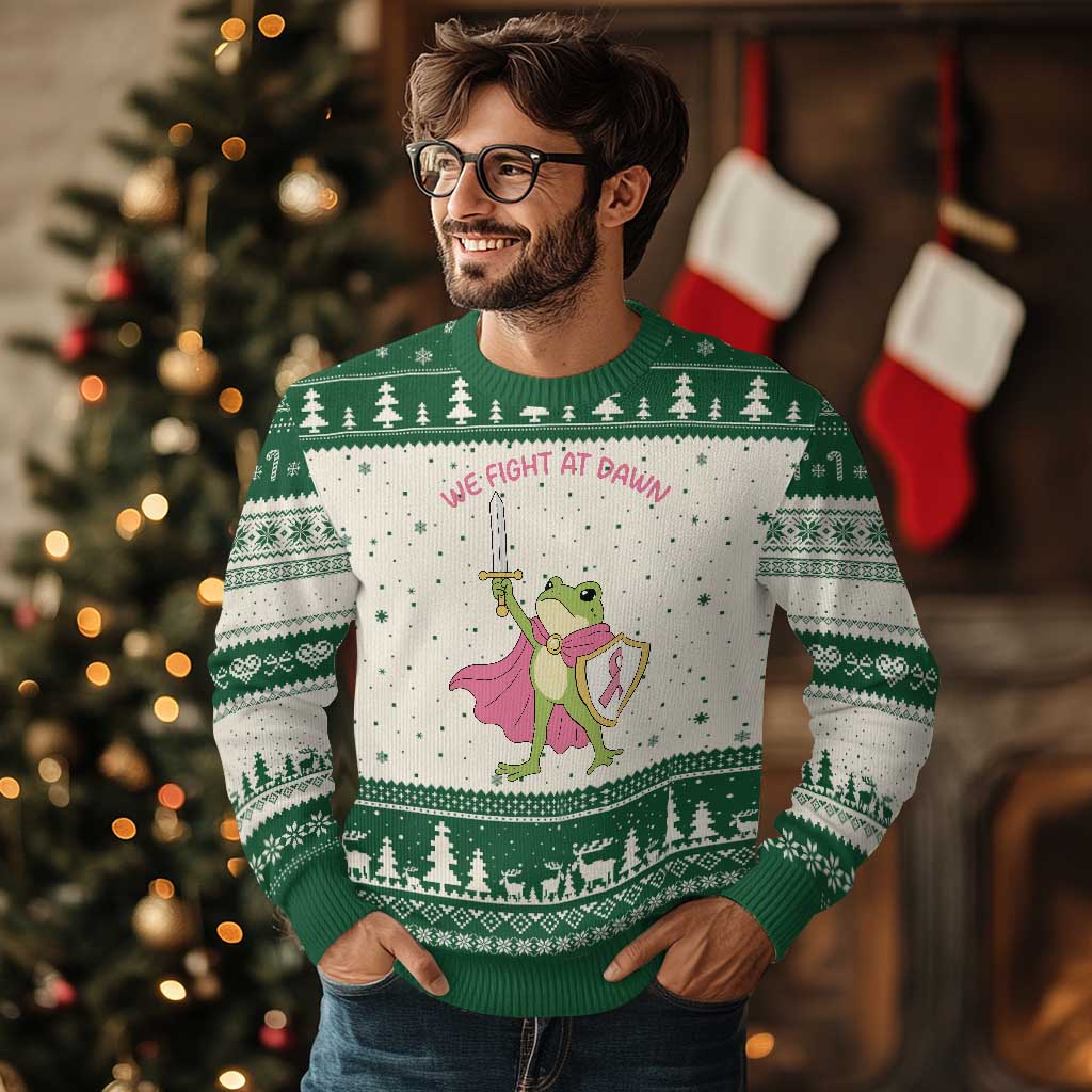 Funny Breast Cancer Warrior Frog Ugly Christmas Sweater We Fight At Dawn