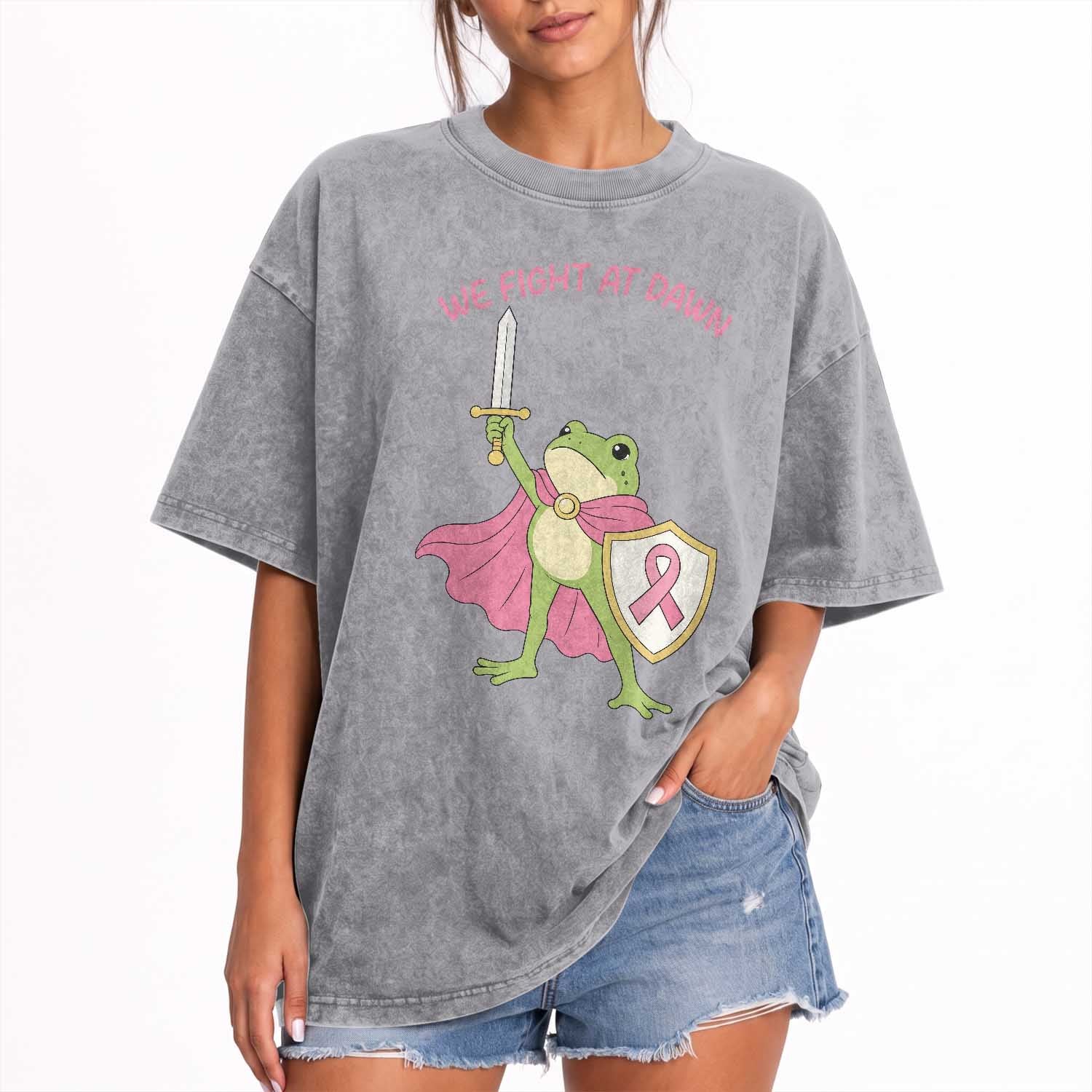 Funny Breast Cancer Warrior Frog Washed Cotton T-Shirt We Fight At Dawn