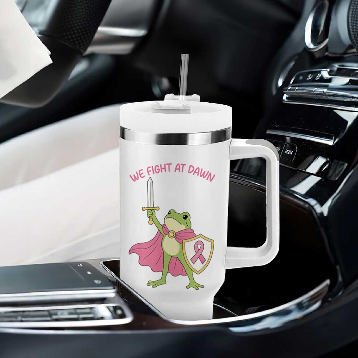 Funny Breast Cancer Warrior Frog Tumbler With Handle We Fight At Dawn