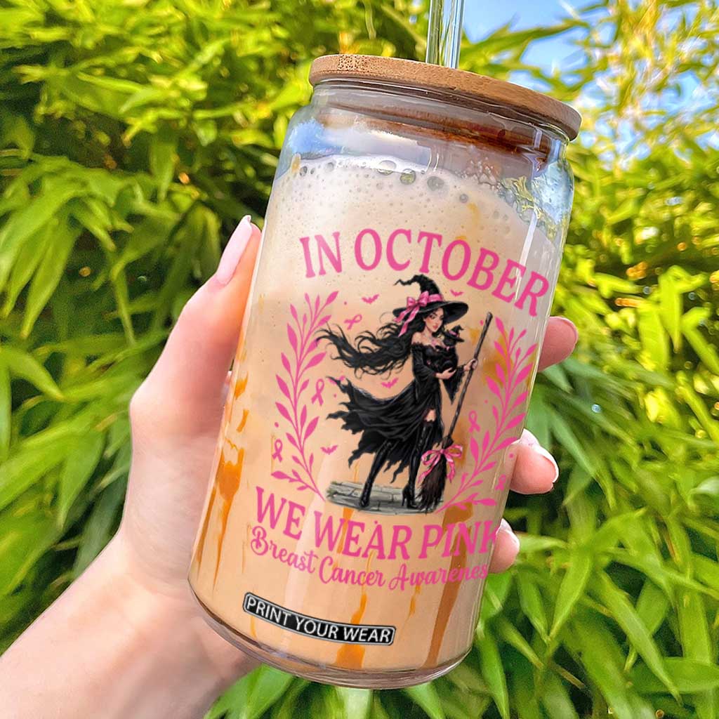Breast Cancer Halloween Witch Glass Can In October We Wear Pink
