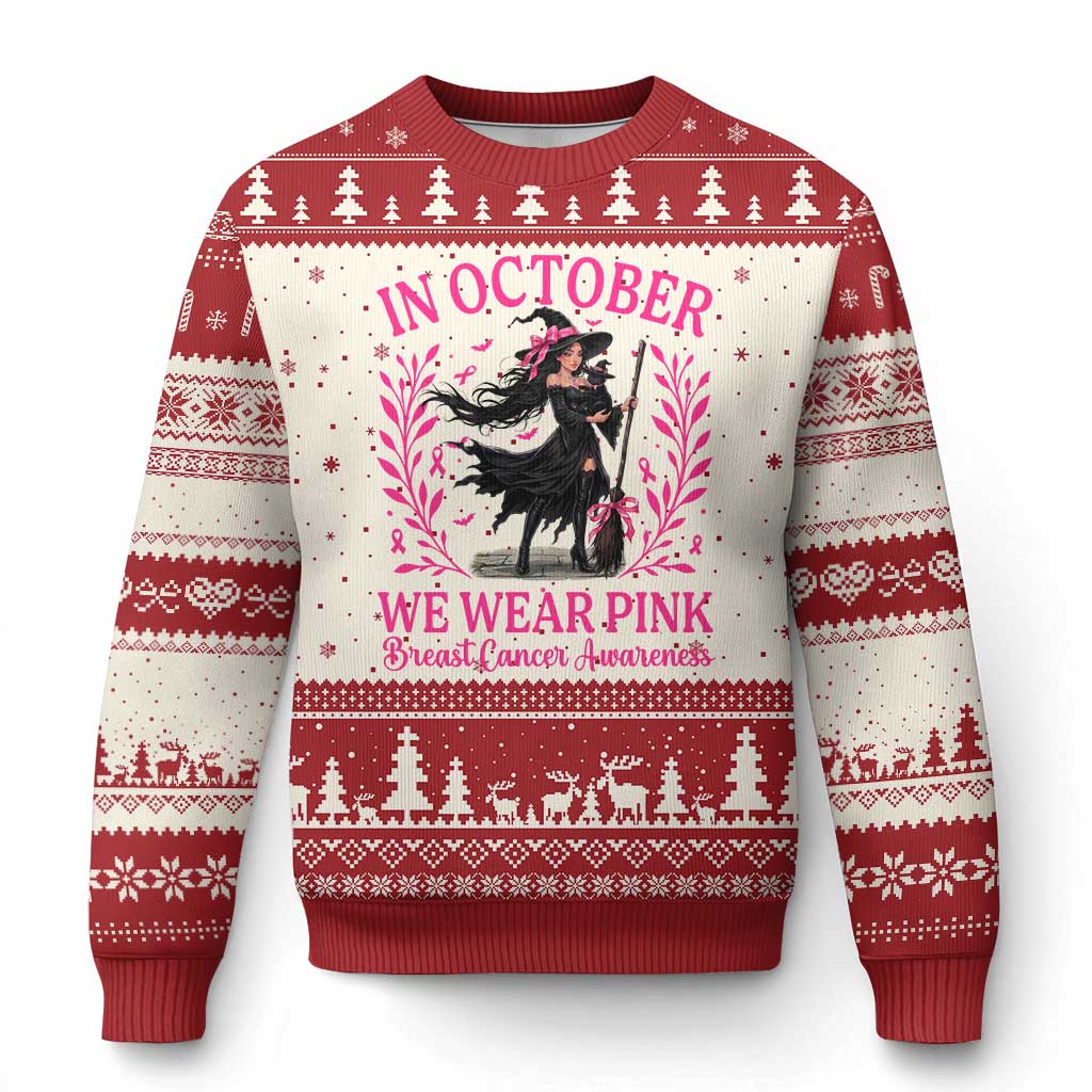 Breast Cancer Halloween Witch Ugly Christmas Sweater In October We Wear Pink