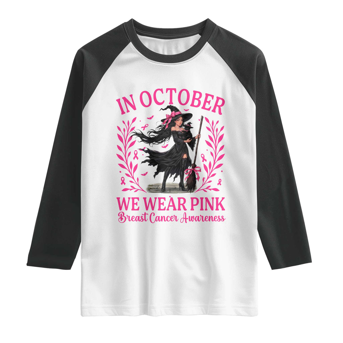 Breast Cancer Halloween Witch Raglan Shirt In October We Wear Pink