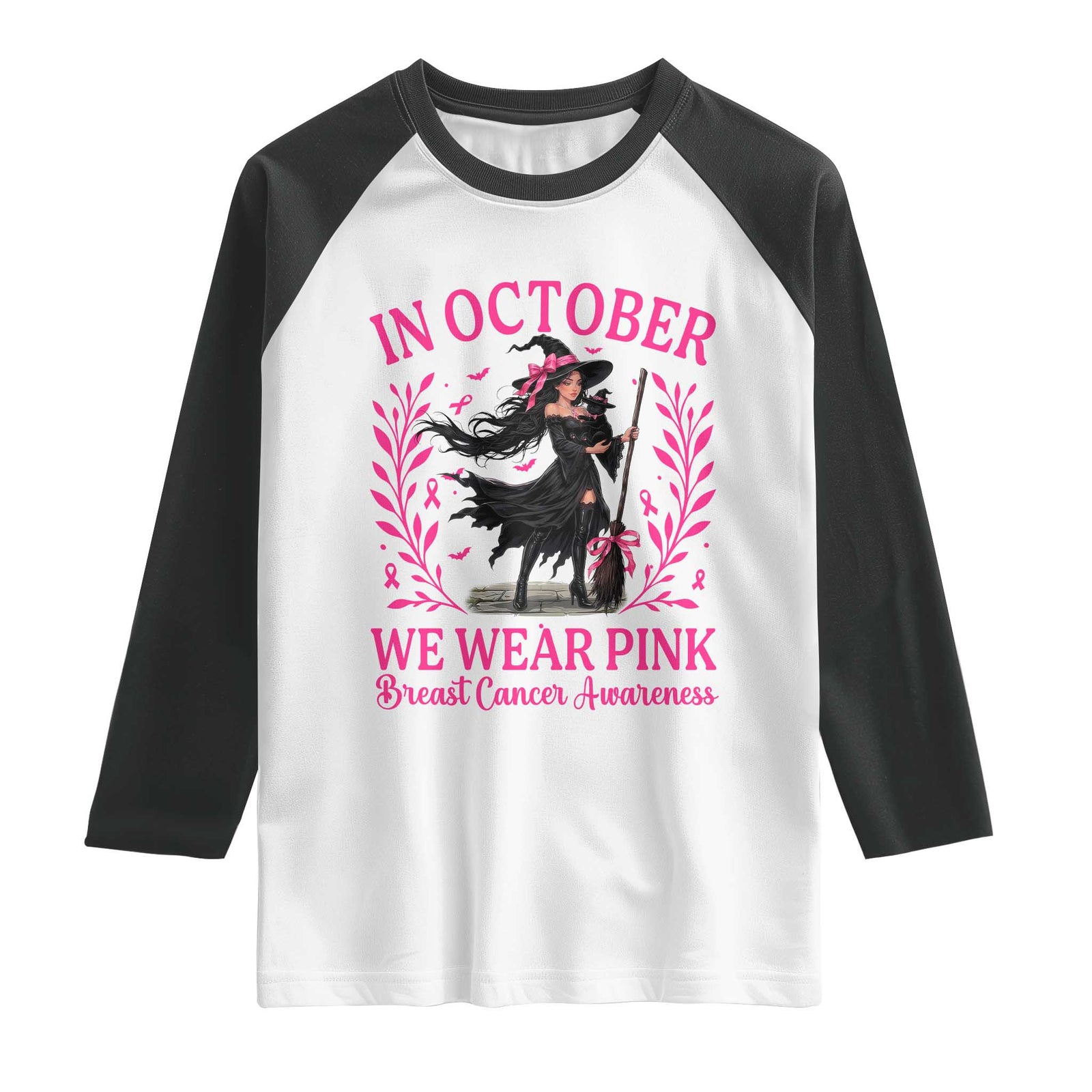 Breast Cancer Halloween Witch Raglan Shirt In October We Wear Pink